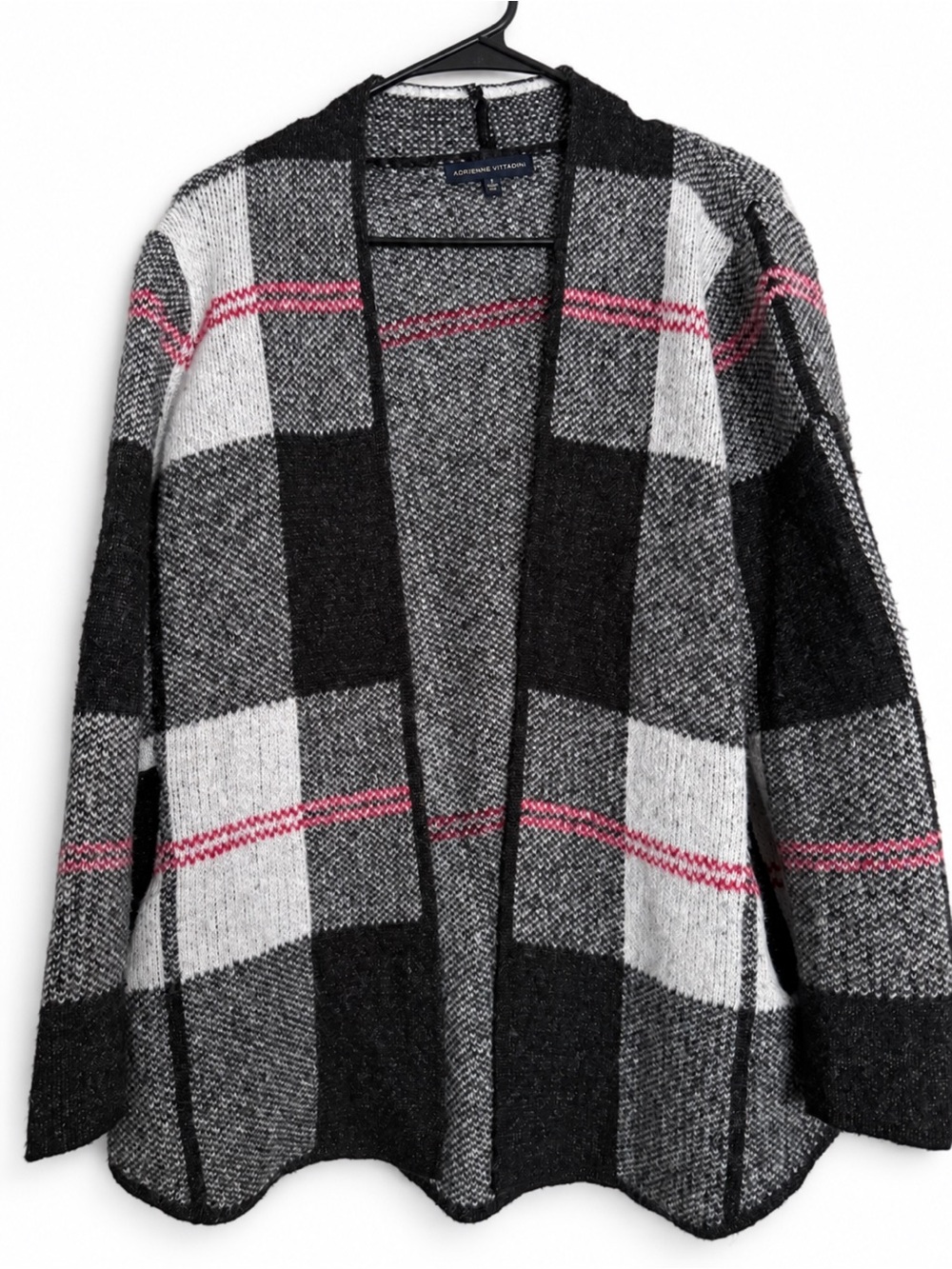 Adrienne Vittadini Black, Gray & Pink Plaid Open Cardigan
